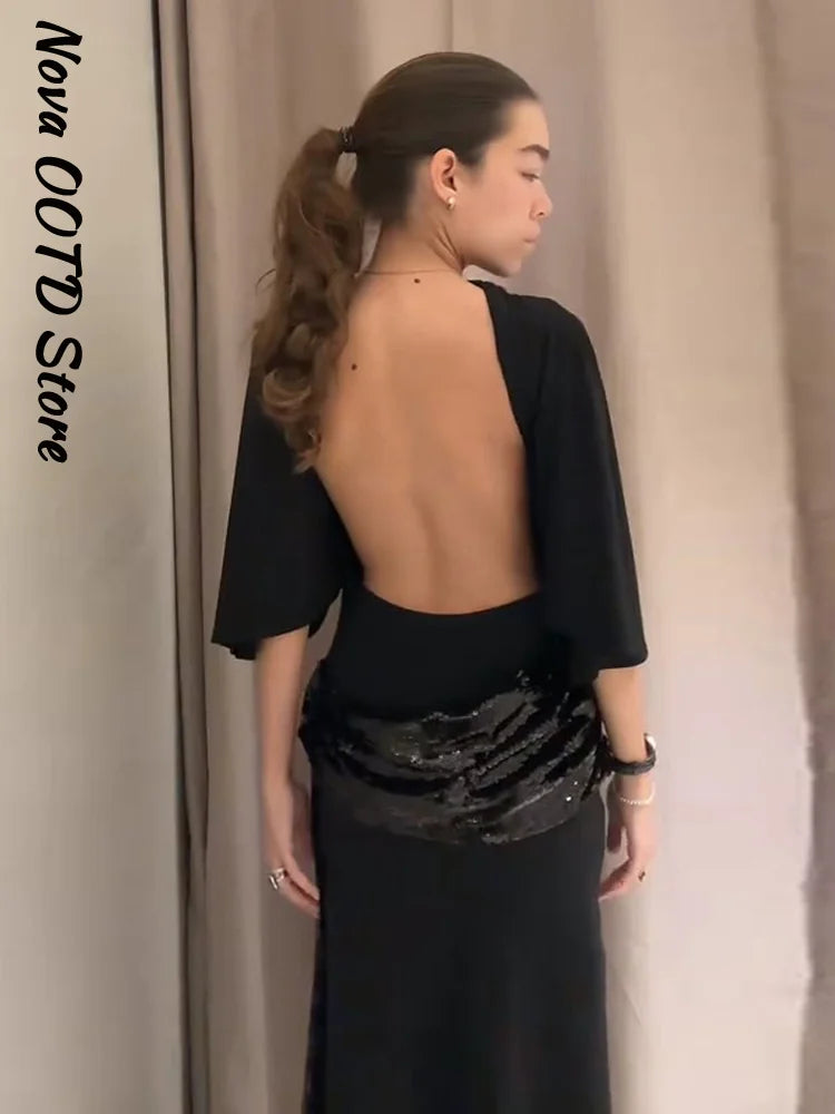 Elegant Sequin Patchwork Belt Long Dress Women Half Sleeve Slim Backless Party Black Dresses 2026 Spring Chic Lady Evening Gowns