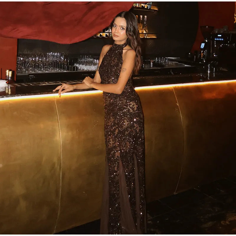 Elegant Sequin Patchwork Belt Long Dress Women Half Sleeve Slim Backless Party Black Dresses 2026 Spring Chic Lady Evening Gowns