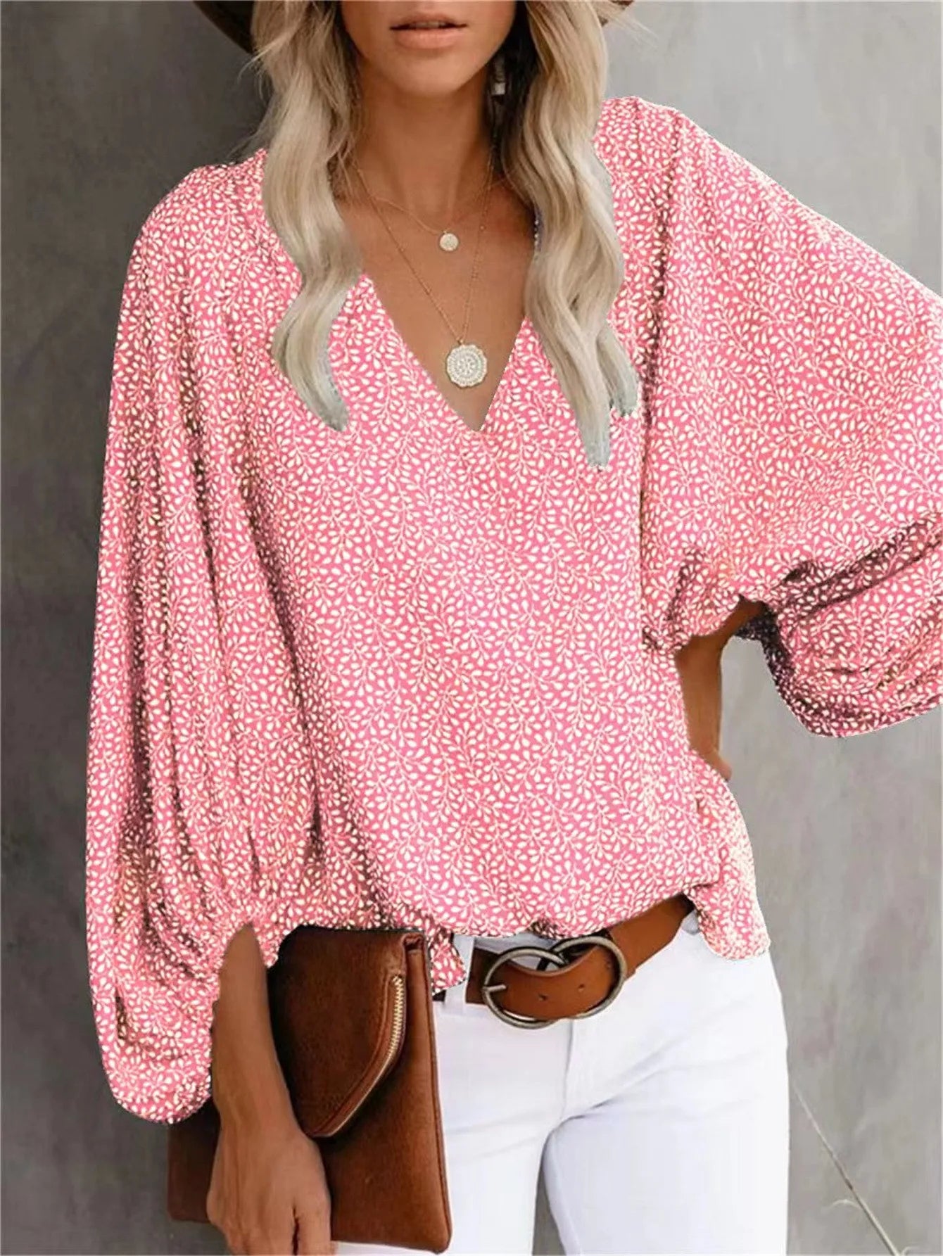 2023 New European and American  Cross Boder Spring/Summer/Autumn V-neck Casual Shirt Printed Lantern Sleeve Top Women's W