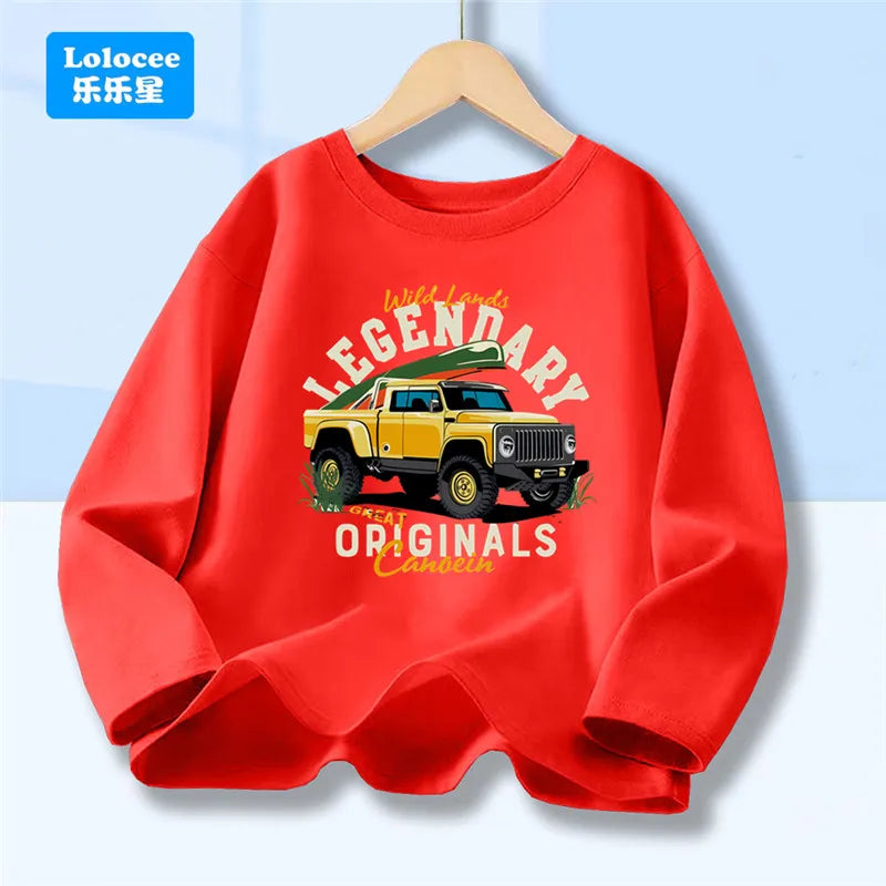 Off Road Cartoon Car Print Graphic T-shirt Tops for Boys, Spring Autumn Children's Long Sleeve Pickup Truck Tees YYPK1