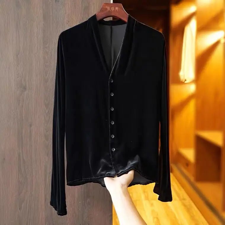 2026 Spring Autumn Golden Velvet Long Sleeve Plus size V-neck Button Cardigan Women Vintage Elegant Blouse Fashion velour Shirt