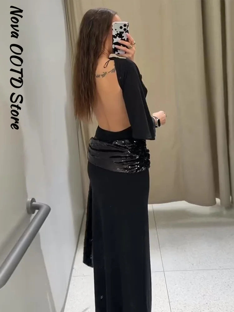 Elegant Sequin Patchwork Belt Long Dress Women Half Sleeve Slim Backless Party Black Dresses 2026 Spring Chic Lady Evening Gowns