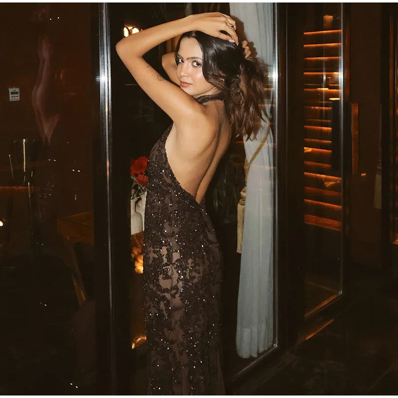 Elegant Sequin Patchwork Belt Long Dress Women Half Sleeve Slim Backless Party Black Dresses 2026 Spring Chic Lady Evening Gowns