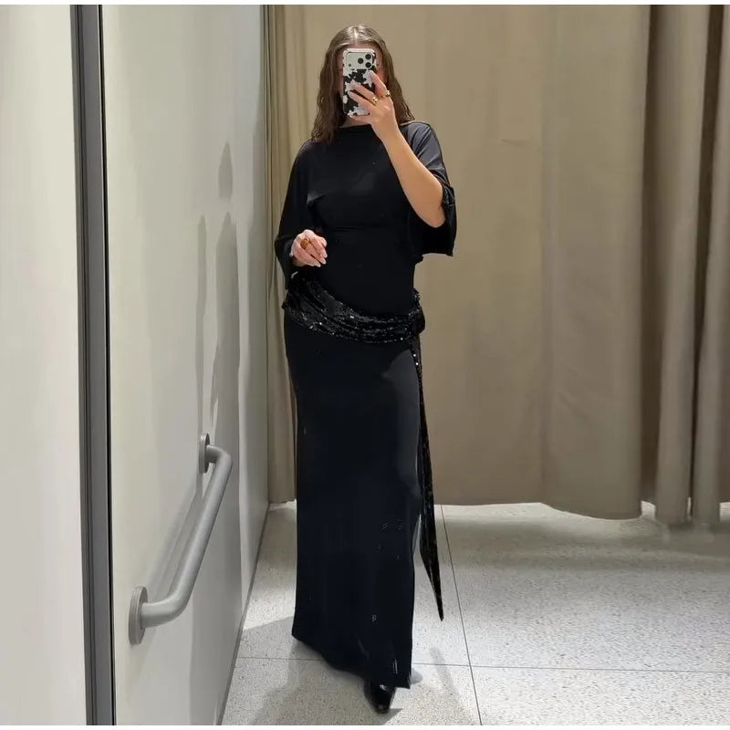 Elegant Sequin Patchwork Belt Long Dress Women Half Sleeve Slim Backless Party Black Dresses 2026 Spring Chic Lady Evening Gowns