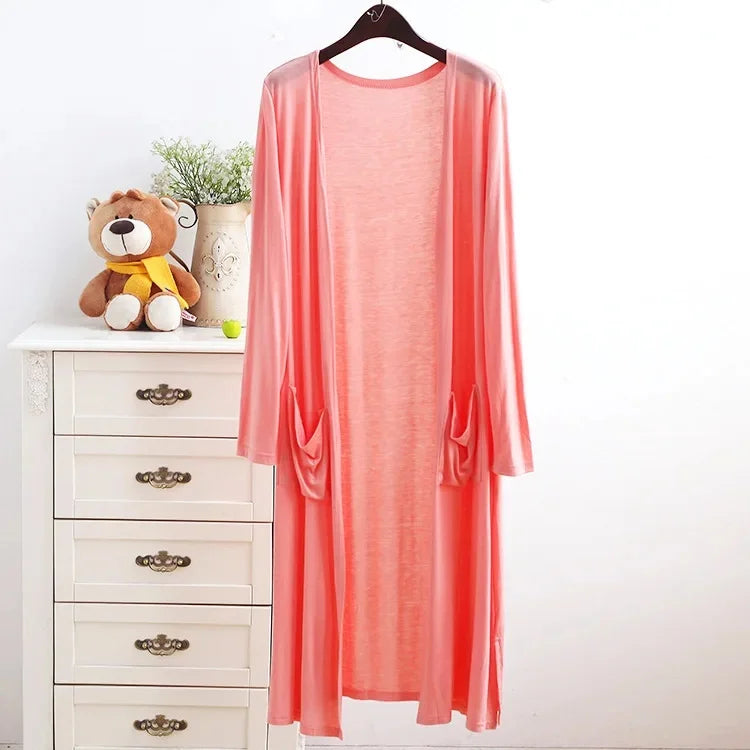 Spring Summer Modal Long PocketCardigan Sunscreen Women's Casual Air Conditioner Shirt Thin Jacket Outerwear Shoulder Cover