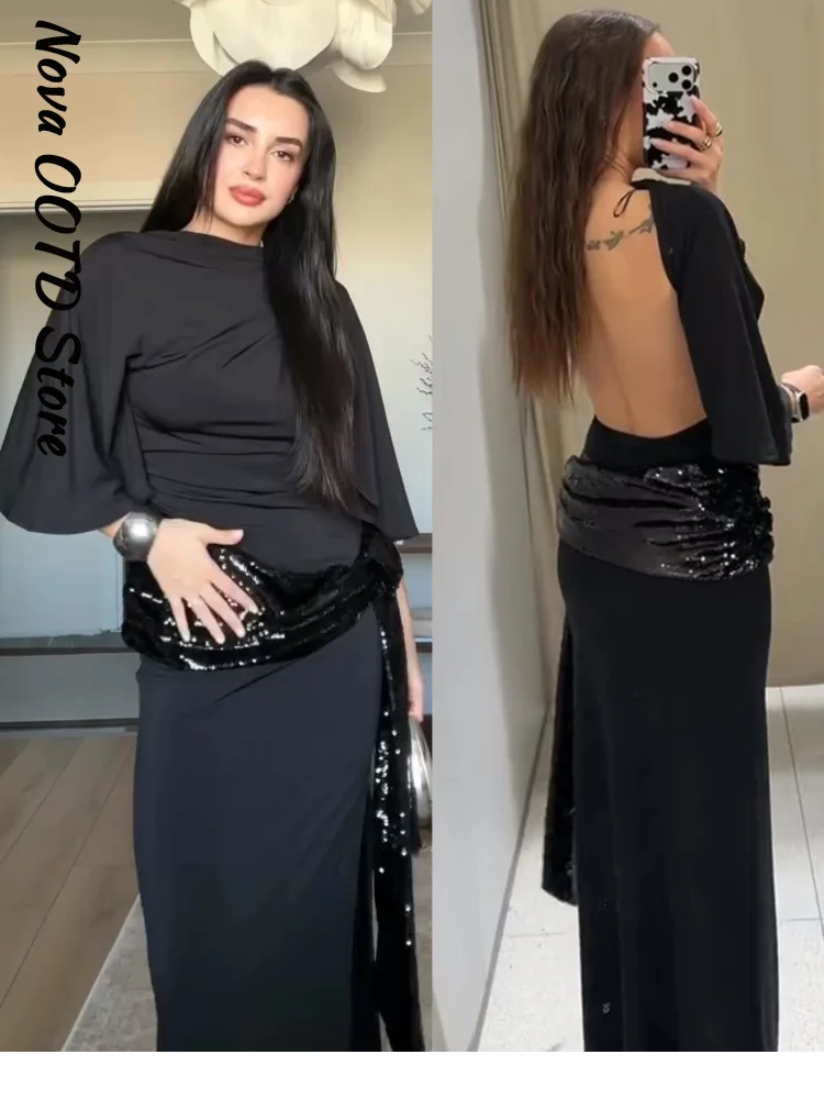 Elegant Sequin Patchwork Belt Long Dress Women Half Sleeve Slim Backless Party Black Dresses 2026 Spring Chic Lady Evening Gowns
