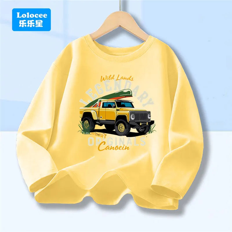 Off Road Cartoon Car Print Graphic T-shirt Tops for Boys, Spring Autumn Children's Long Sleeve Pickup Truck Tees YYPK1