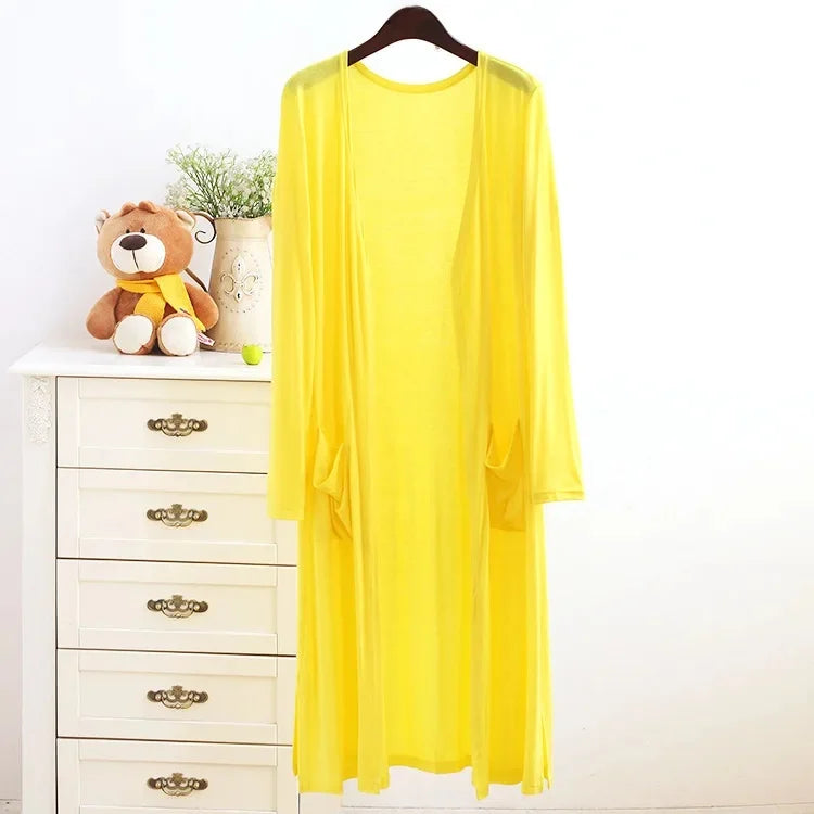 Spring Summer Modal Long PocketCardigan Sunscreen Women's Casual Air Conditioner Shirt Thin Jacket Outerwear Shoulder Cover