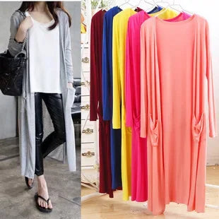 Spring Summer Modal Long PocketCardigan Sunscreen Women's Casual Air Conditioner Shirt Thin Jacket Outerwear Shoulder Cover