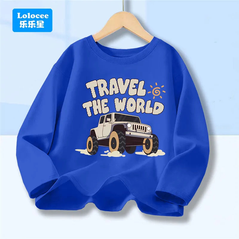 Off Road Cartoon Car Print Graphic T-shirt Tops for Boys, Spring Autumn Children's Long Sleeve Pickup Truck Tees YYPK1