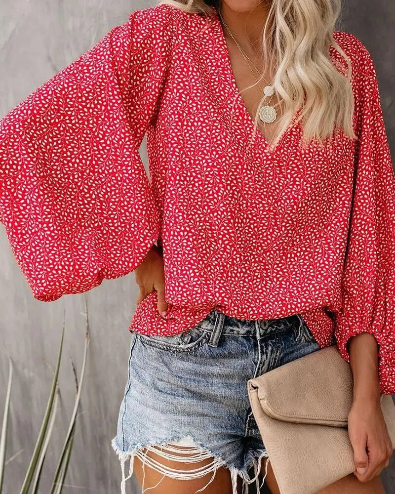 2023 New European and American  Cross Boder Spring/Summer/Autumn V-neck Casual Shirt Printed Lantern Sleeve Top Women's W