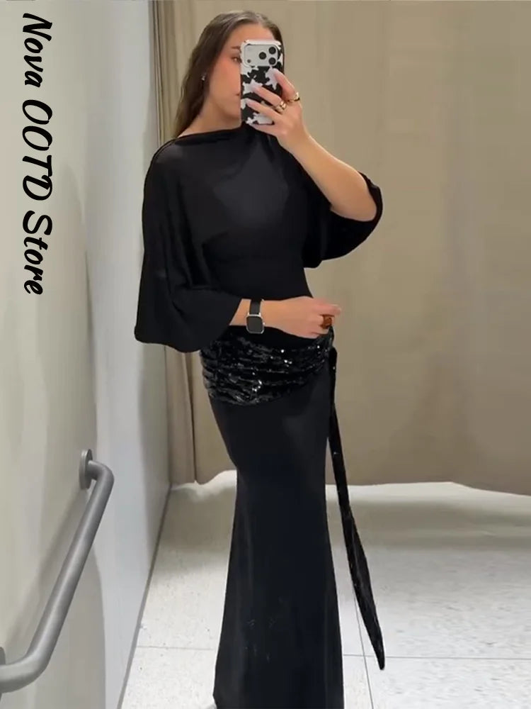 Elegant Sequin Patchwork Belt Long Dress Women Half Sleeve Slim Backless Party Black Dresses 2026 Spring Chic Lady Evening Gowns