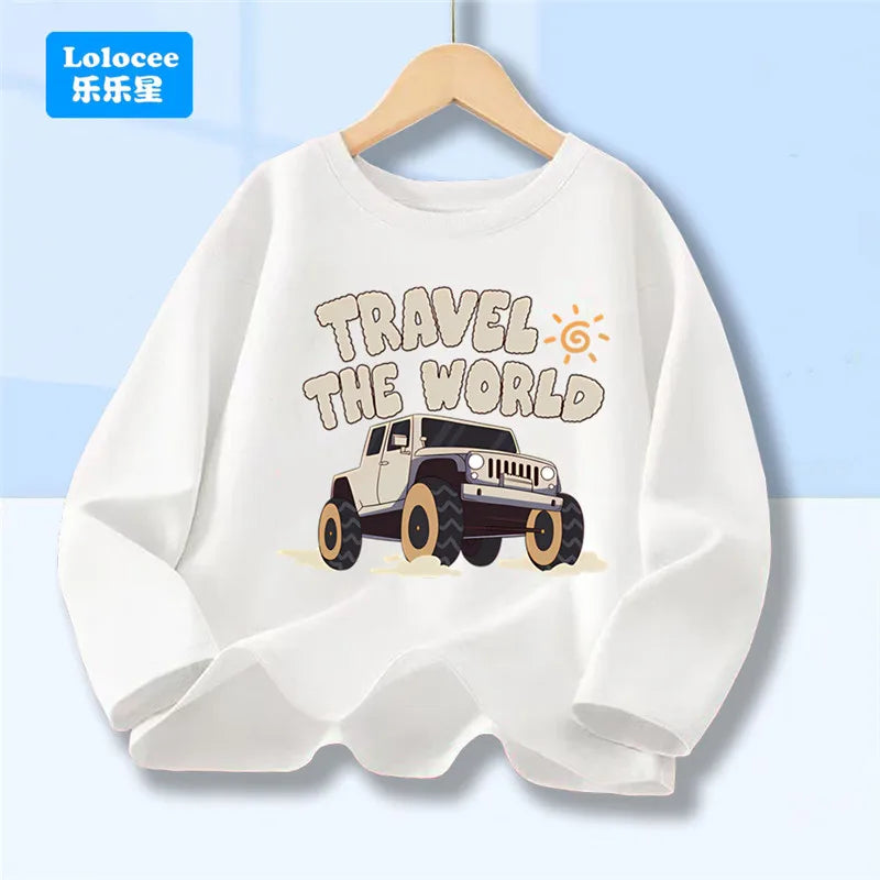 Off Road Cartoon Car Print Graphic T-shirt Tops for Boys, Spring Autumn Children's Long Sleeve Pickup Truck Tees YYPK1