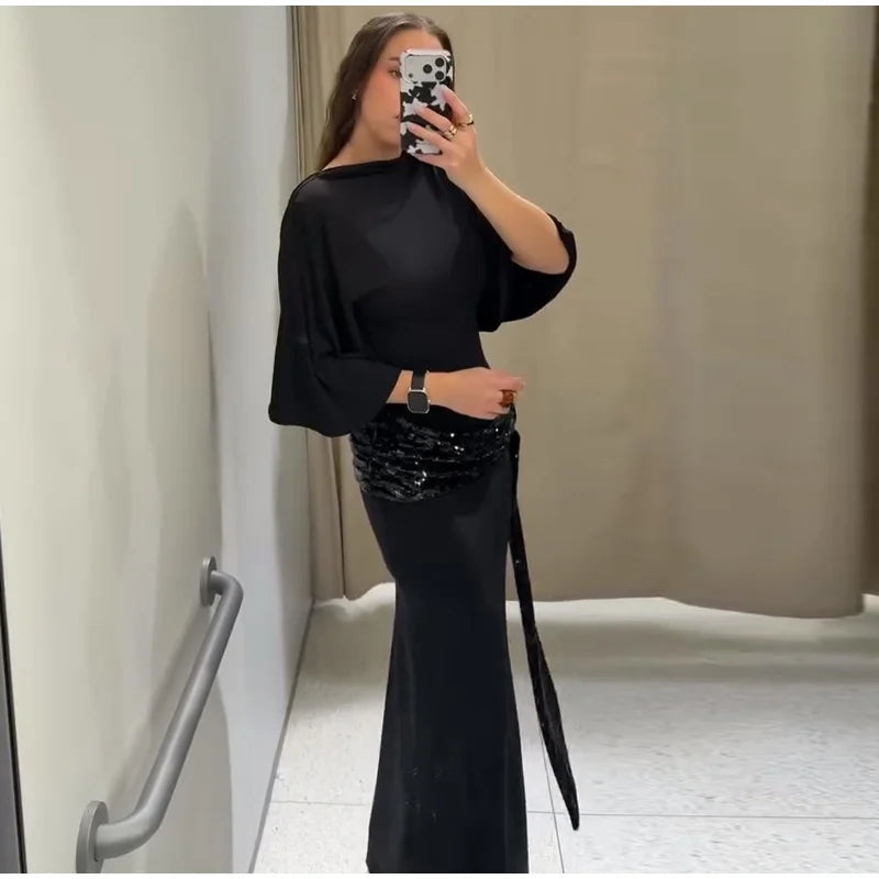 Elegant Sequin Patchwork Belt Long Dress Women Half Sleeve Slim Backless Party Black Dresses 2026 Spring Chic Lady Evening Gowns