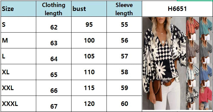 2023 New European and American  Cross Boder Spring/Summer/Autumn V-neck Casual Shirt Printed Lantern Sleeve Top Women's W