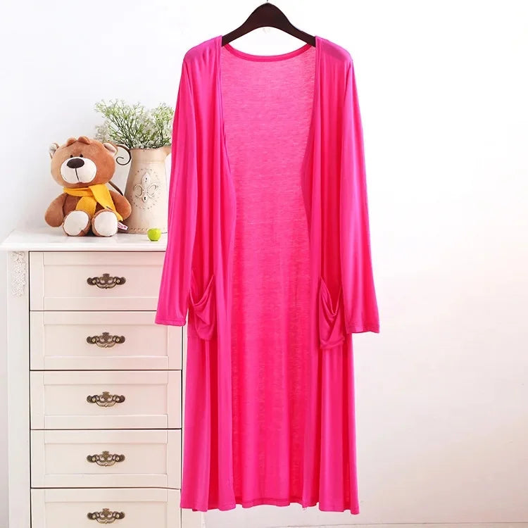 Spring Summer Modal Long PocketCardigan Sunscreen Women's Casual Air Conditioner Shirt Thin Jacket Outerwear Shoulder Cover
