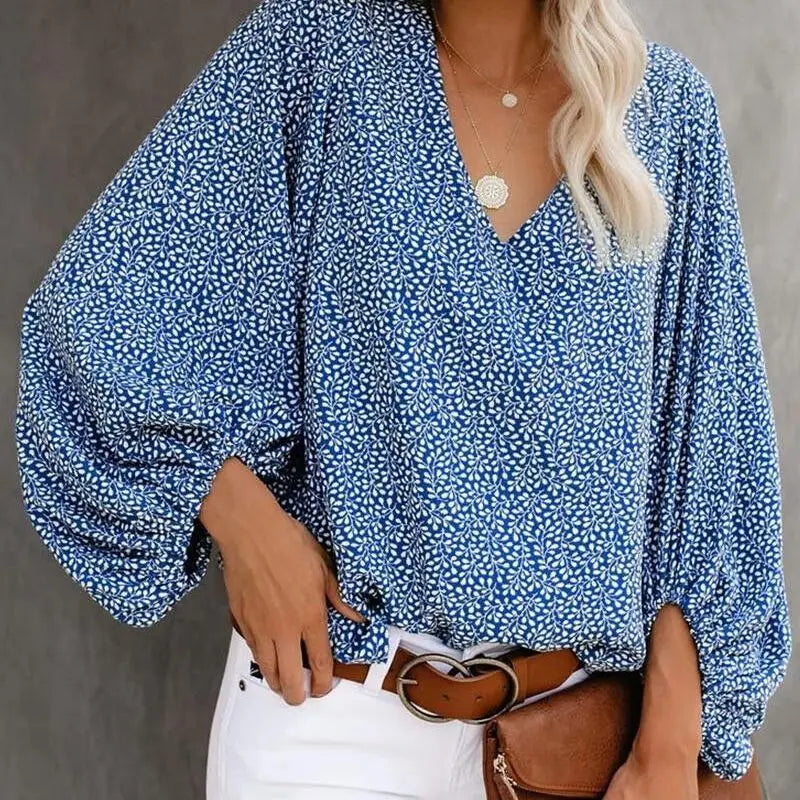 2023 New European and American  Cross Boder Spring/Summer/Autumn V-neck Casual Shirt Printed Lantern Sleeve Top Women's W