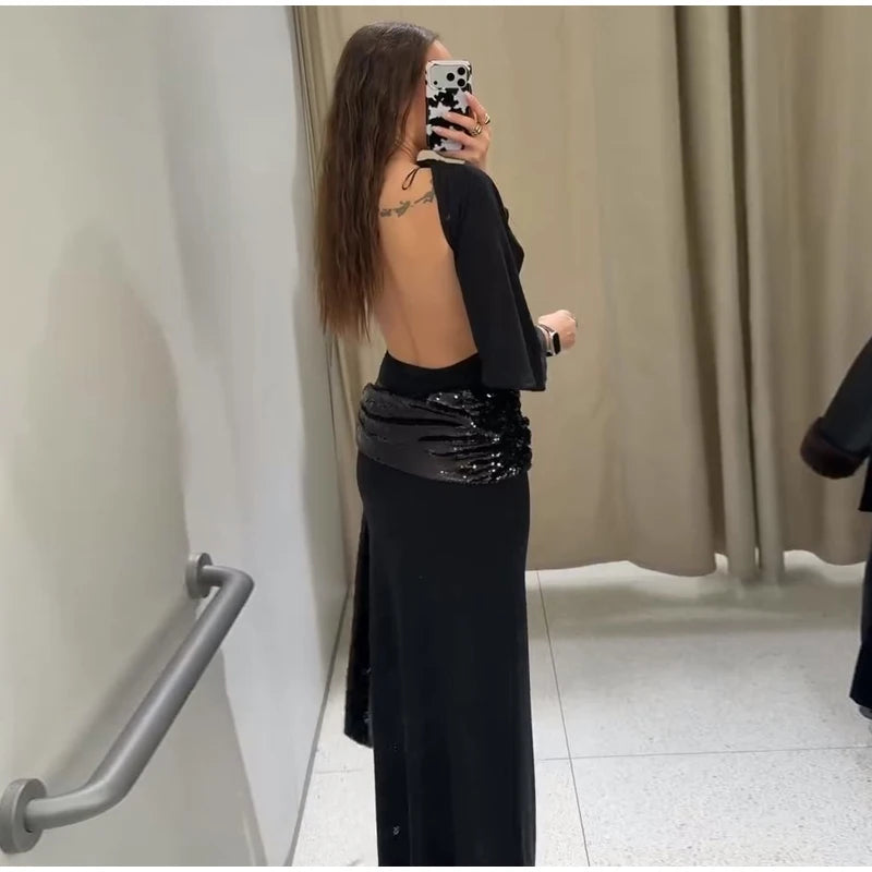 Elegant Sequin Patchwork Belt Long Dress Women Half Sleeve Slim Backless Party Black Dresses 2026 Spring Chic Lady Evening Gowns