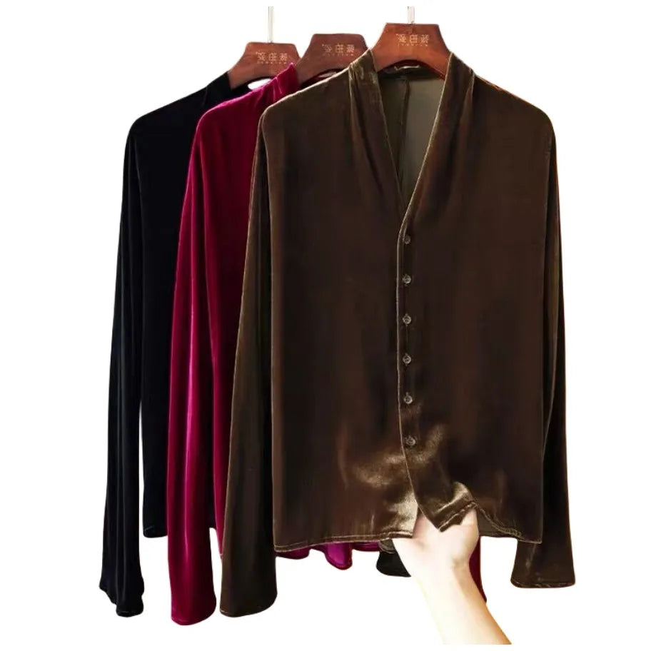 2026 Spring Autumn Golden Velvet Long Sleeve Plus size V-neck Button Cardigan Women Vintage Elegant Blouse Fashion velour Shirt