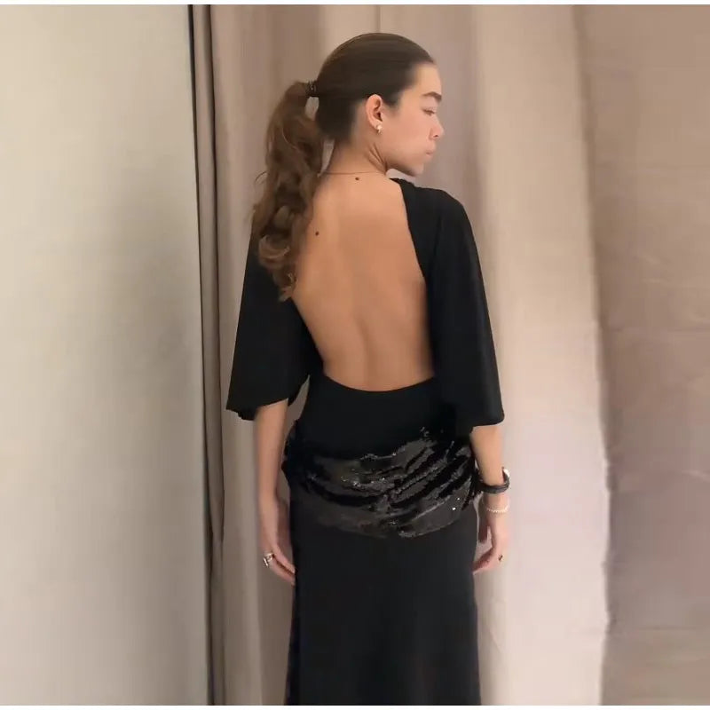 Elegant Sequin Patchwork Belt Long Dress Women Half Sleeve Slim Backless Party Black Dresses 2026 Spring Chic Lady Evening Gowns