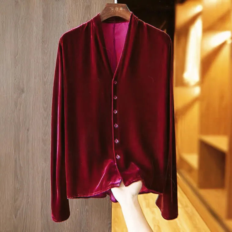 2026 Spring Autumn Golden Velvet Long Sleeve Plus size V-neck Button Cardigan Women Vintage Elegant Blouse Fashion velour Shirt