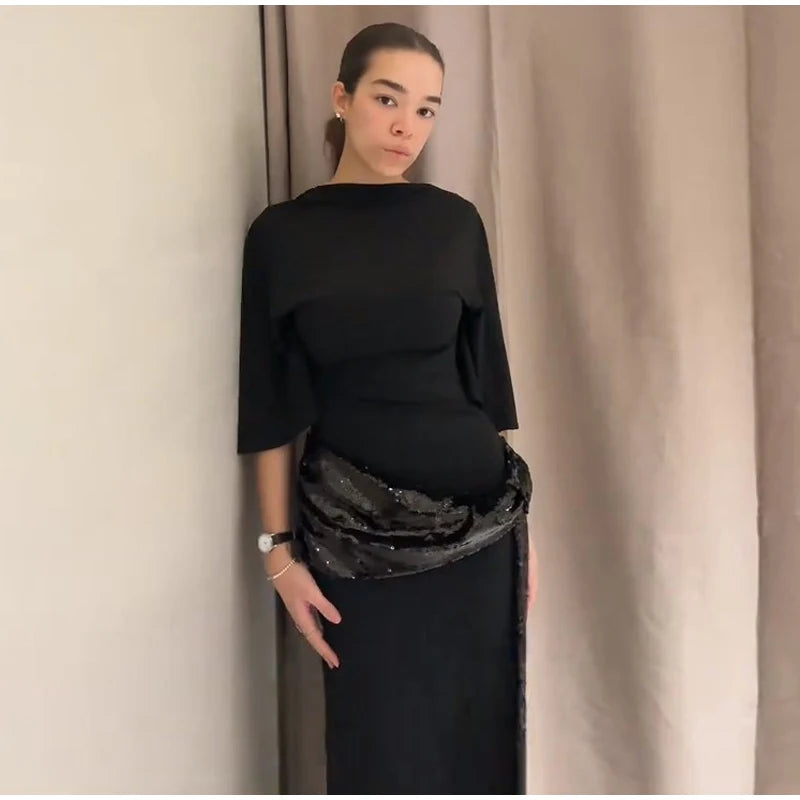 Elegant Sequin Patchwork Belt Long Dress Women Half Sleeve Slim Backless Party Black Dresses 2026 Spring Chic Lady Evening Gowns