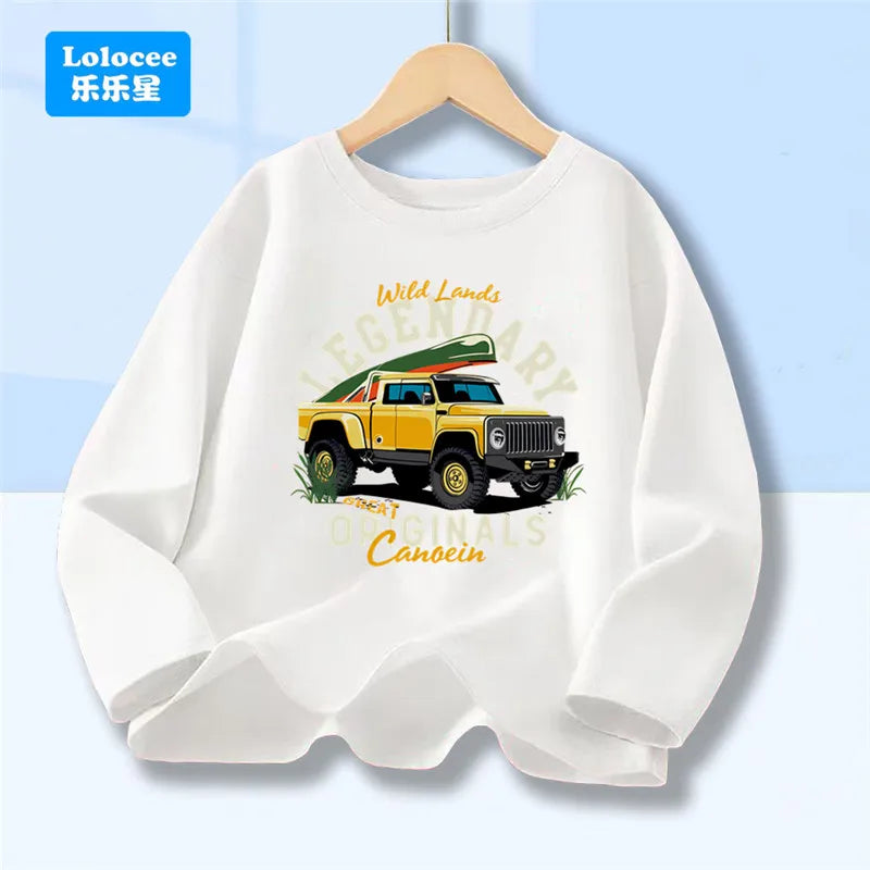 Off Road Cartoon Car Print Graphic T-shirt Tops for Boys, Spring Autumn Children's Long Sleeve Pickup Truck Tees YYPK1