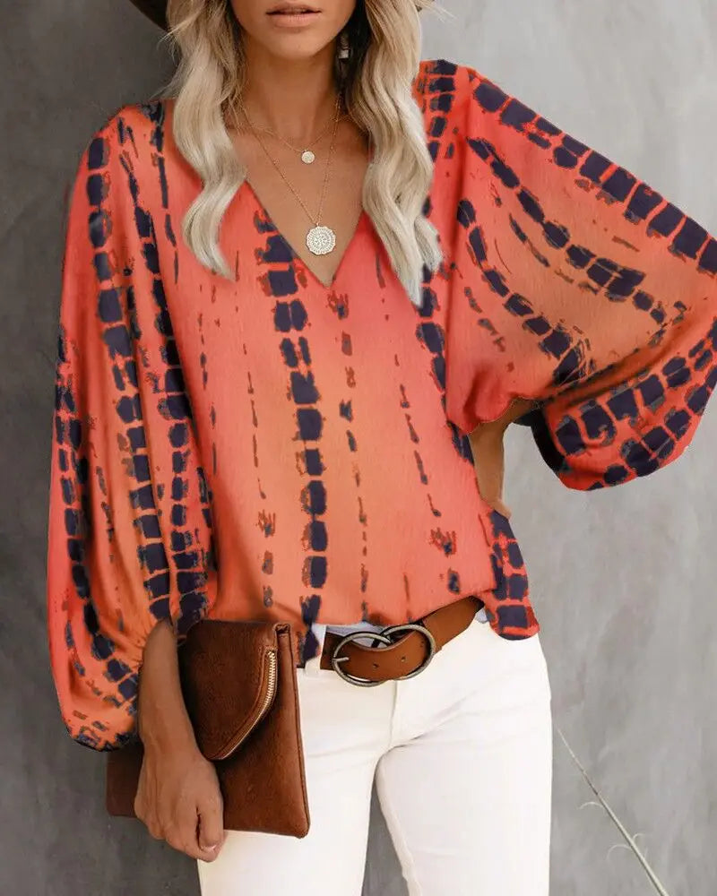 2023 New European and American  Cross Boder Spring/Summer/Autumn V-neck Casual Shirt Printed Lantern Sleeve Top Women's W