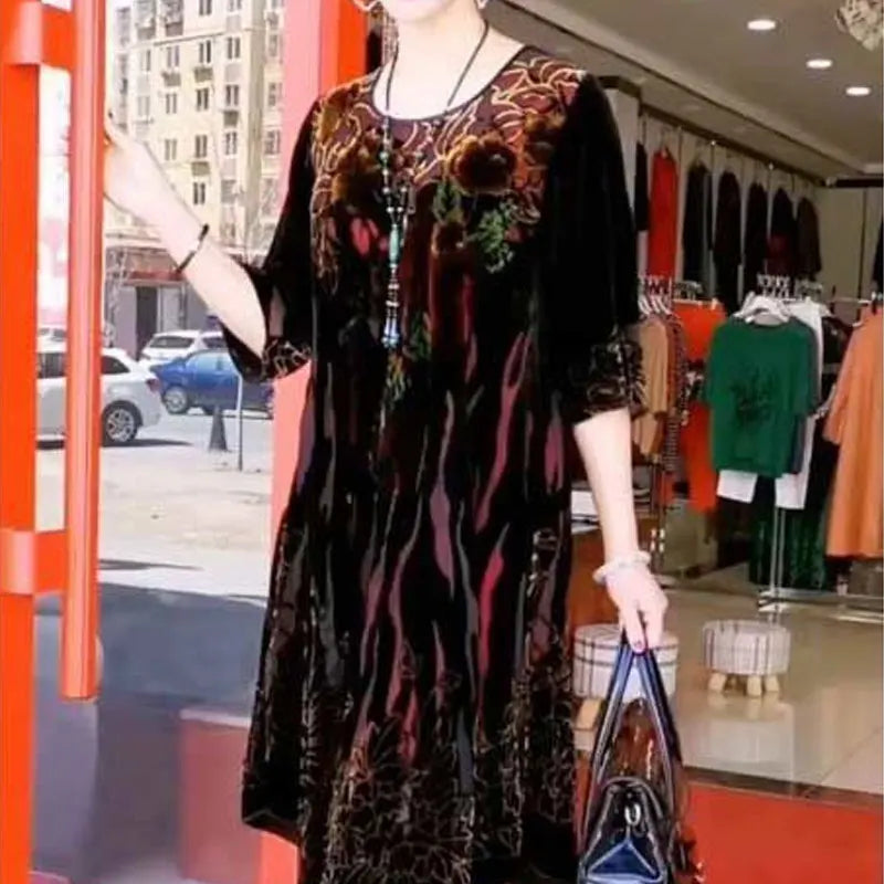 Vintage Printed Dresses Stylish Contrasting Colors Spring Summer Half Sleeve Female Clothing Round Neck A-Line Loose Midi Dress