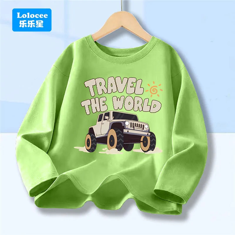 Off Road Cartoon Car Print Graphic T-shirt Tops for Boys, Spring Autumn Children's Long Sleeve Pickup Truck Tees YYPK1