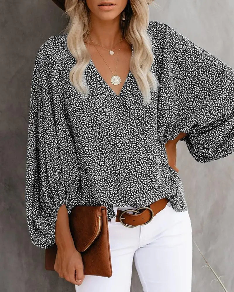 2023 New European and American  Cross Boder Spring/Summer/Autumn V-neck Casual Shirt Printed Lantern Sleeve Top Women's W