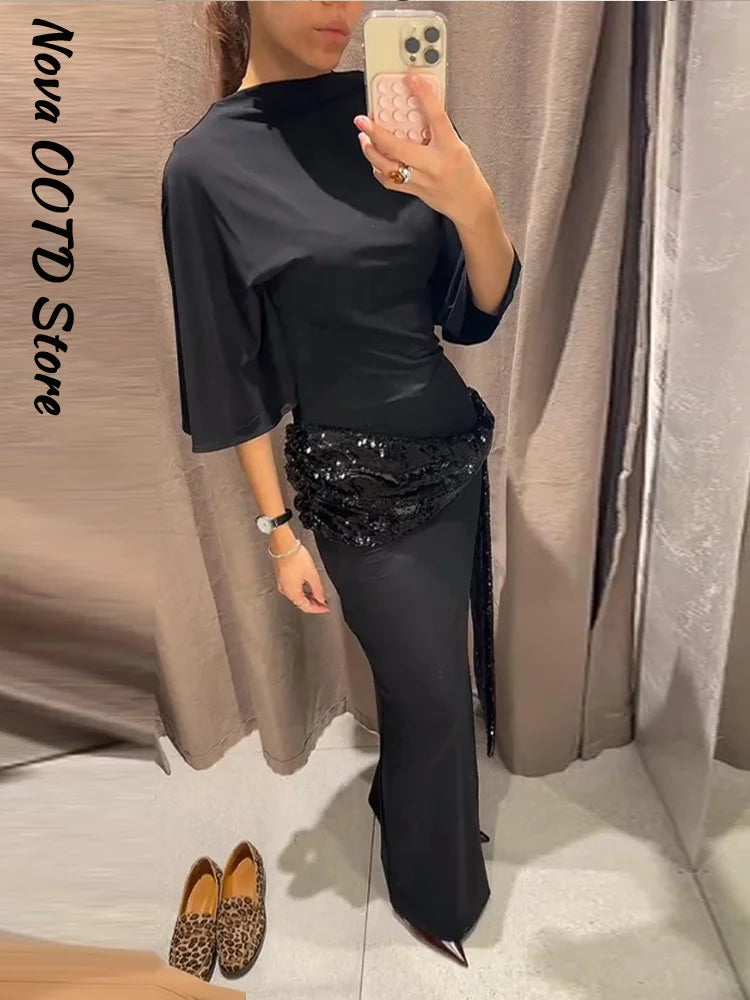 Elegant Sequin Patchwork Belt Long Dress Women Half Sleeve Slim Backless Party Black Dresses 2026 Spring Chic Lady Evening Gowns