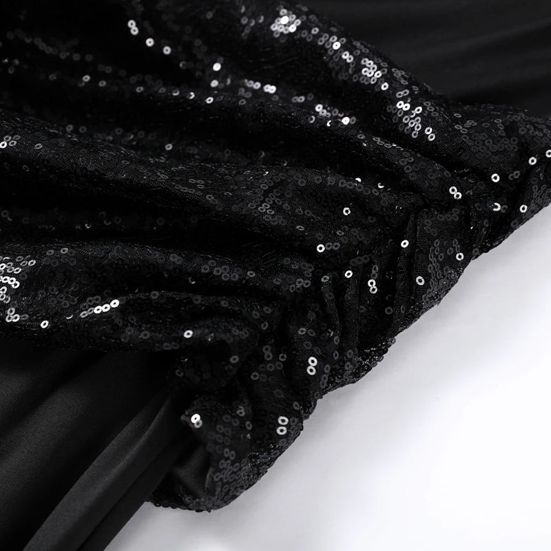 Elegant Sequin Patchwork Belt Long Dress Women Half Sleeve Slim Backless Party Black Dresses 2026 Spring Chic Lady Evening Gowns