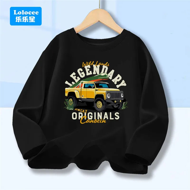 Off Road Cartoon Car Print Graphic T-shirt Tops for Boys, Spring Autumn Children's Long Sleeve Pickup Truck Tees YYPK1
