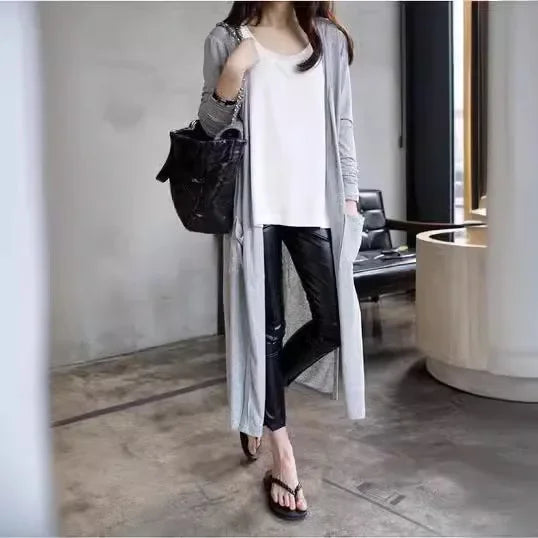 Spring Summer Modal Long PocketCardigan Sunscreen Women's Casual Air Conditioner Shirt Thin Jacket Outerwear Shoulder Cover