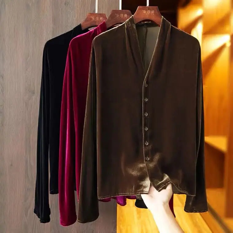 2026 Spring Autumn Golden Velvet Long Sleeve Plus size V-neck Button Cardigan Women Vintage Elegant Blouse Fashion velour Shirt