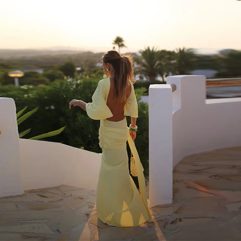 Elegant Sequin Patchwork Belt Long Dress Women Half Sleeve Slim Backless Party Black Dresses 2026 Spring Chic Lady Evening Gowns