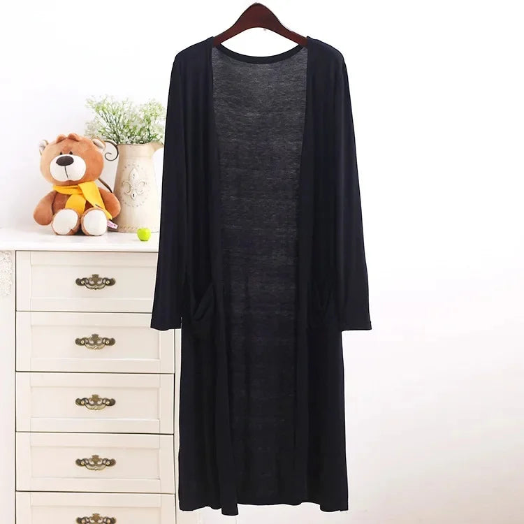 Spring Summer Modal Long PocketCardigan Sunscreen Women's Casual Air Conditioner Shirt Thin Jacket Outerwear Shoulder Cover