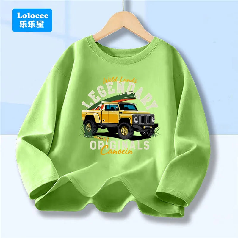 Off Road Cartoon Car Print Graphic T-shirt Tops for Boys, Spring Autumn Children's Long Sleeve Pickup Truck Tees YYPK1