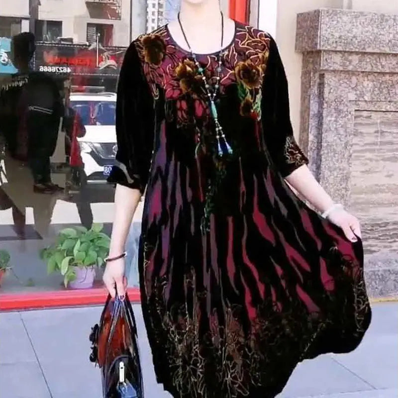 Vintage Printed Dresses Stylish Contrasting Colors Spring Summer Half Sleeve Female Clothing Round Neck A-Line Loose Midi Dress