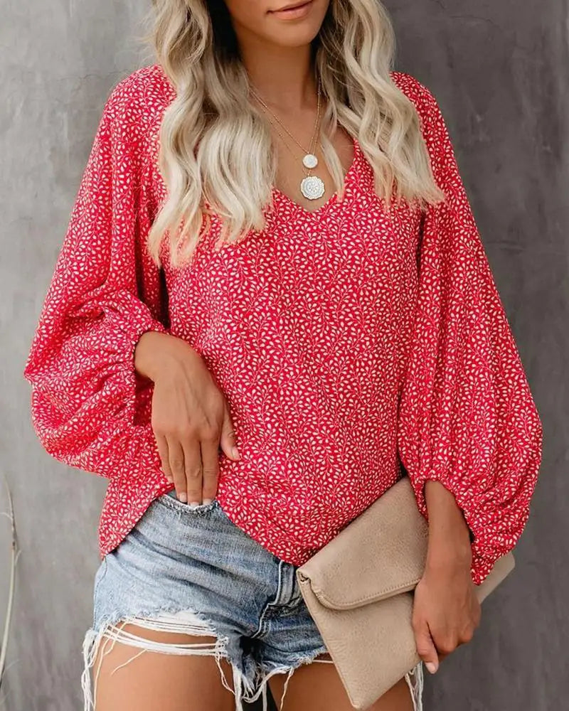 2023 New European and American  Cross Boder Spring/Summer/Autumn V-neck Casual Shirt Printed Lantern Sleeve Top Women's W