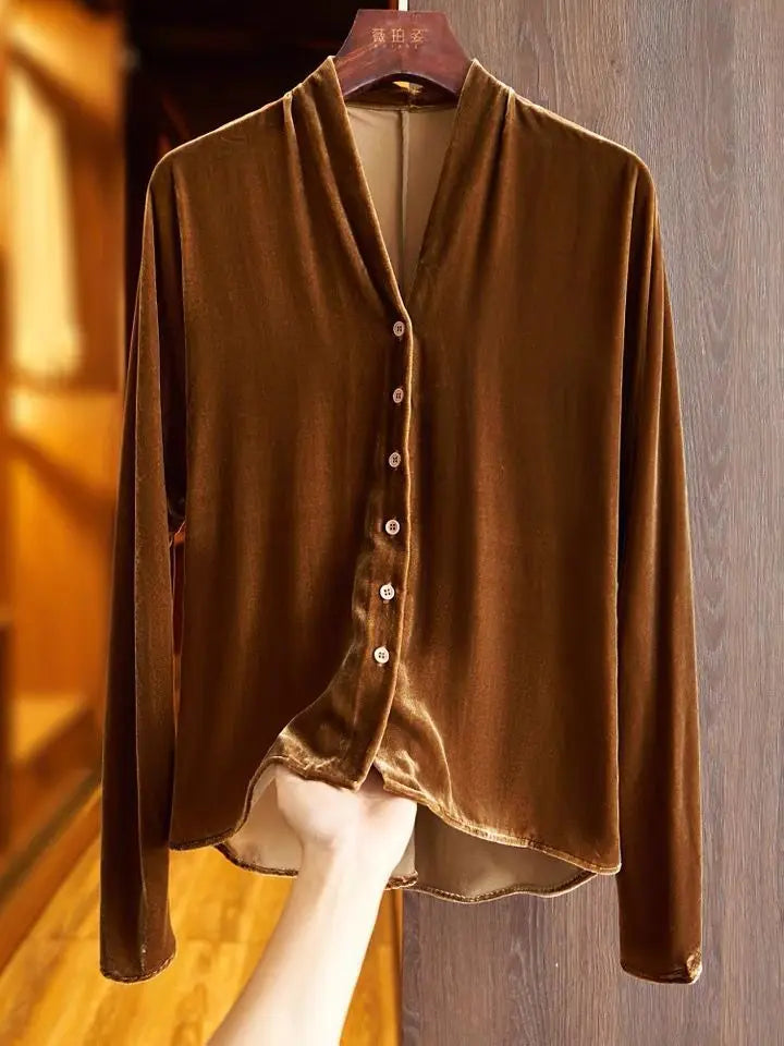 2026 Spring Autumn Golden Velvet Long Sleeve Plus size V-neck Button Cardigan Women Vintage Elegant Blouse Fashion velour Shirt