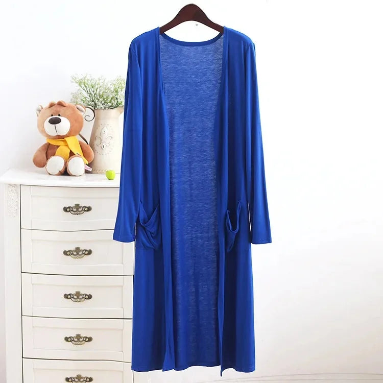 Spring Summer Modal Long PocketCardigan Sunscreen Women's Casual Air Conditioner Shirt Thin Jacket Outerwear Shoulder Cover