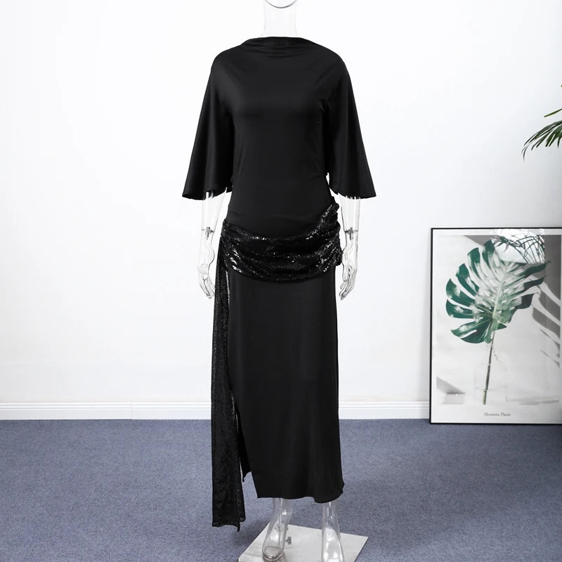 Elegant Sequin Patchwork Belt Long Dress Women Half Sleeve Slim Backless Party Black Dresses 2026 Spring Chic Lady Evening Gowns