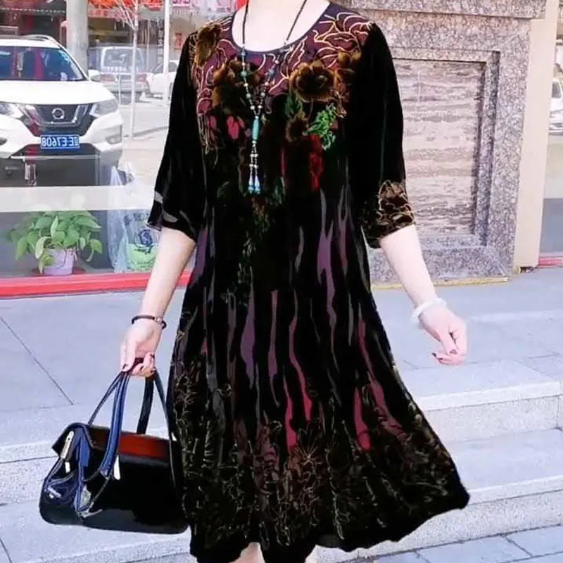 Vintage Printed Dresses Stylish Contrasting Colors Spring Summer Half Sleeve Female Clothing Round Neck A-Line Loose Midi Dress