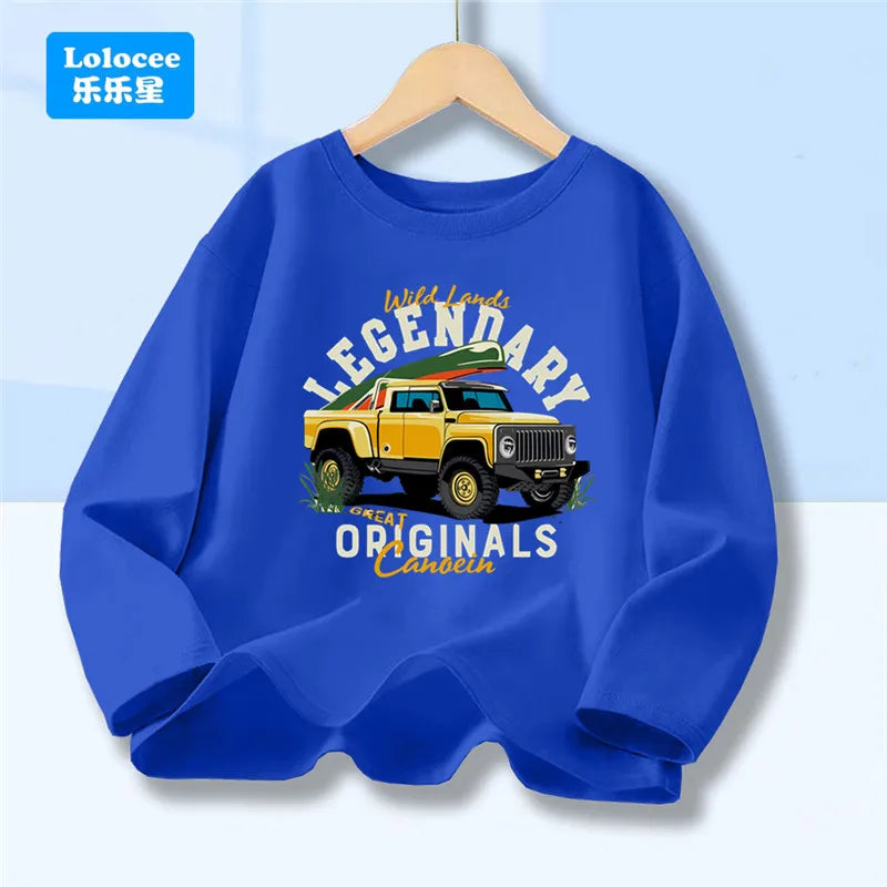 Off Road Cartoon Car Print Graphic T-shirt Tops for Boys, Spring Autumn Children's Long Sleeve Pickup Truck Tees YYPK1