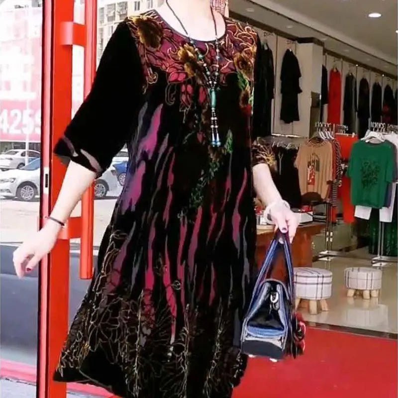 Vintage Printed Dresses Stylish Contrasting Colors Spring Summer Half Sleeve Female Clothing Round Neck A-Line Loose Midi Dress