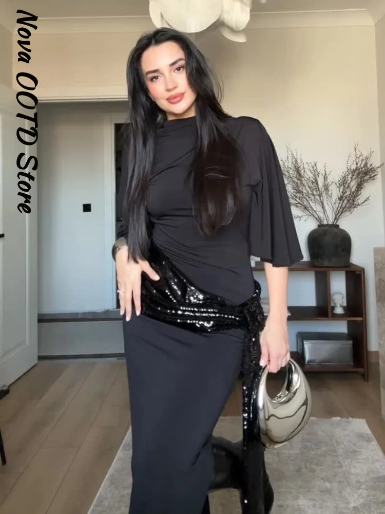 Elegant Sequin Patchwork Belt Long Dress Women Half Sleeve Slim Backless Party Black Dresses 2026 Spring Chic Lady Evening Gowns