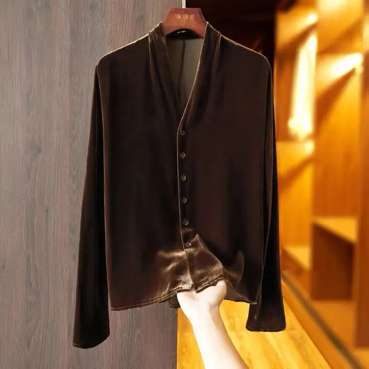 2026 Spring Autumn Golden Velvet Long Sleeve Plus size V-neck Button Cardigan Women Vintage Elegant Blouse Fashion velour Shirt