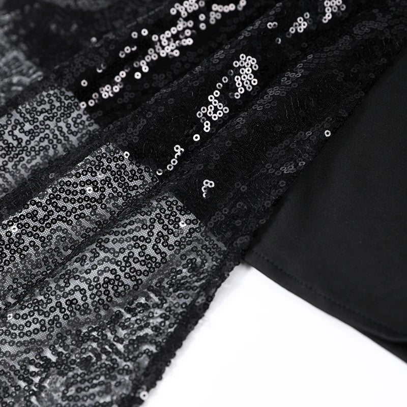 Elegant Sequin Patchwork Belt Long Dress Women Half Sleeve Slim Backless Party Black Dresses 2026 Spring Chic Lady Evening Gowns